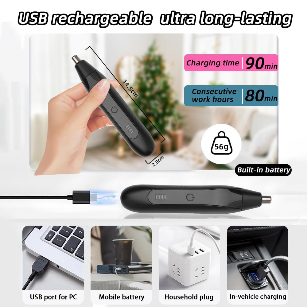 FREIOWEEI Rechargeable Nose and Ear Hair Trimmer for Men Women,2025 Professional Painless Eyebrow & Facial Hair Trimmer with Replaceable Stainless Steel Dual Edge Blades, Black