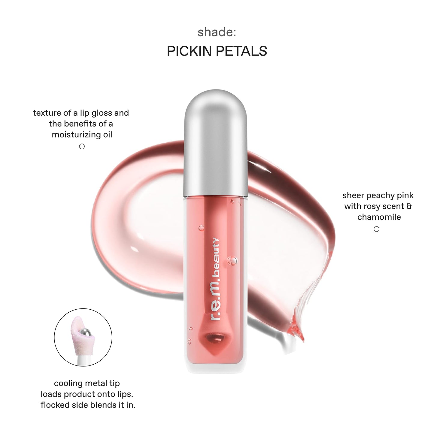 r.e.m. beauty by ariana grande | Essential Drip Lip Oil - Pickin Petals - Non-Sticky Hydrating Lip Oil with Coconut Oil, Cooling Metal Applicator, Sheer Color & High-Gloss Shine.