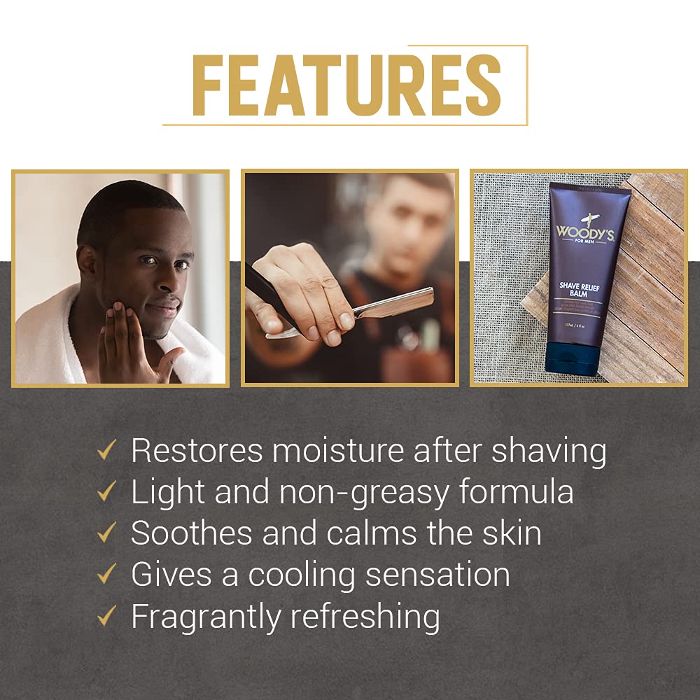 Woody's Shaving Essentials, Shave Relief Balm - Soothing Aftershave for Men Sensitive Skin, Calms & Heals Razor Burn, Hydrating Men's After Shave Balm for Men, 6 Fl Oz