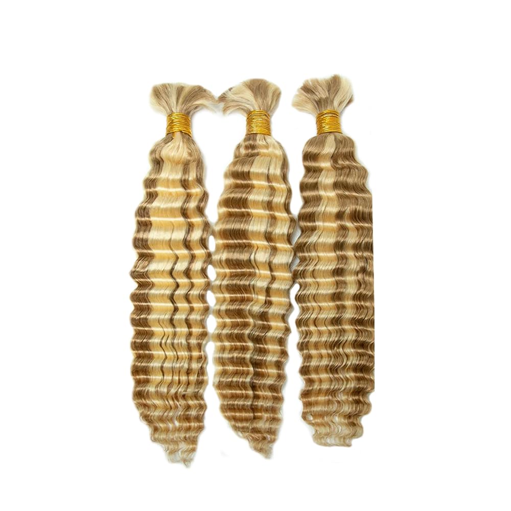 P27/613 Blonde Human Hair Braiding Hair For Boho Braids 18 18 18 Inch Hilight Blonde Deep Wave Bulk Human Hair Unprocessed Brazilian Virgin Hair 3 Bundle 50 Gram Per Bundle No Weft Extensions