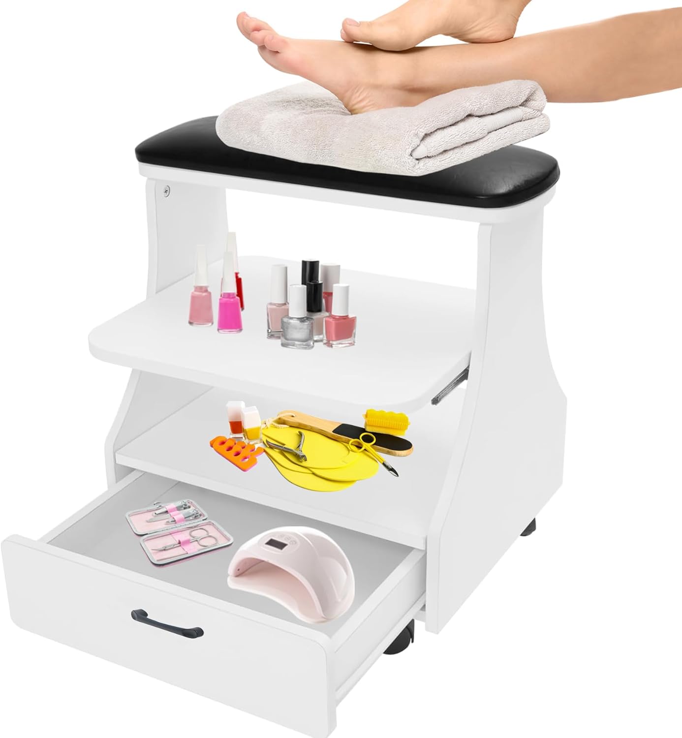 Portable Pedicure Foot Rest - Mobile Spa Stool with Wheels | Pink Trolley for Nail Techs & Beauty Salons
