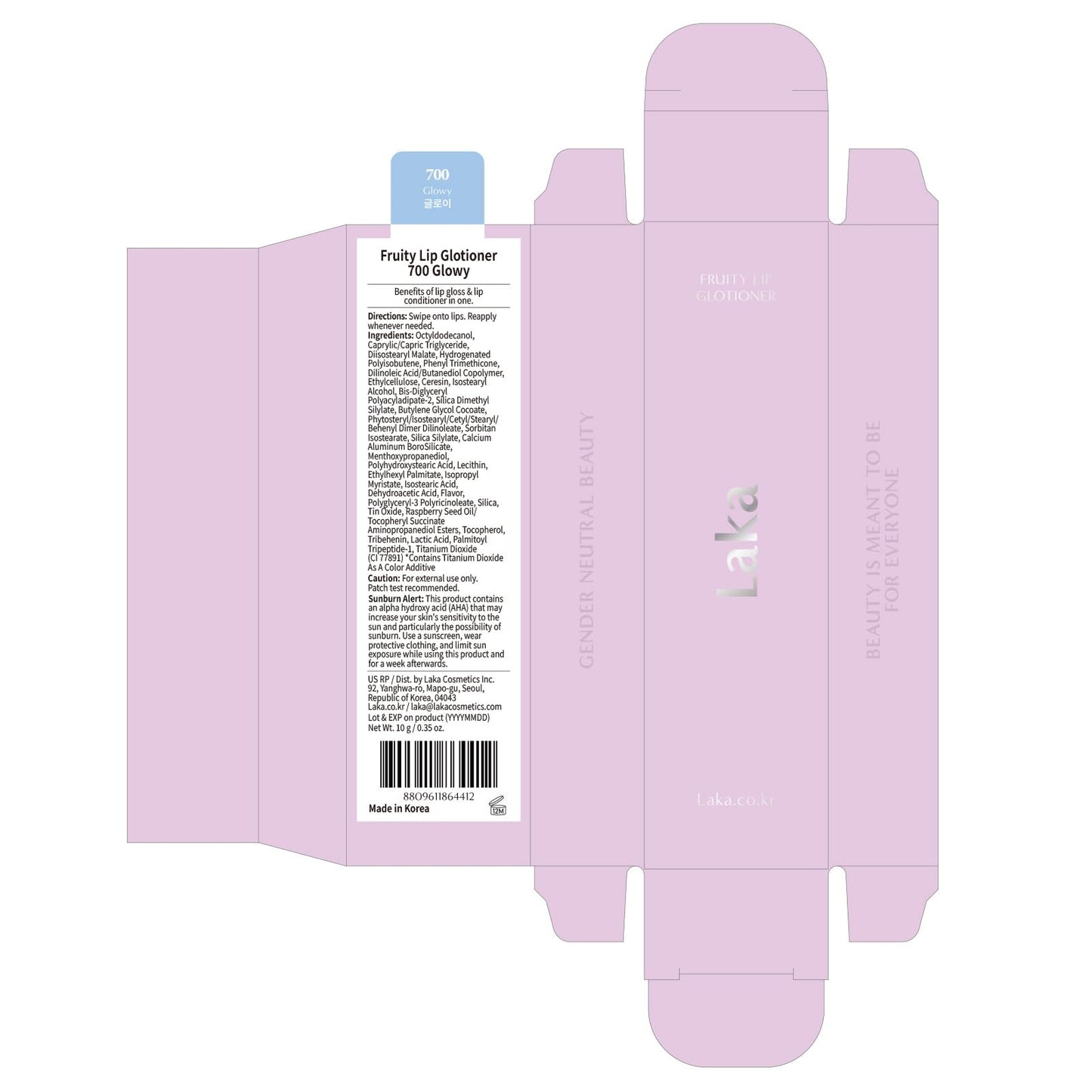 Laka Fruity Lip Glotioner, 10ml/0.33 fl.oz, Lip Gloss with High Shine Vivid Colors, Jelly tip for Hygienic & Easy Application, K-Beauty (#700 Glowy)