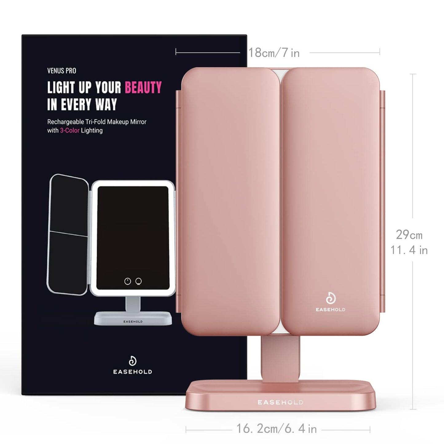 EASEHOLD Rechargable Makeup Mirror Vanity Mirror with Lights, 5000Mah & USB Cable, 112 LEDs Lighted Trifold Mirror with 1X 2X 3X 10X Magnification, Smart Touch, Portable Cosmetic Beauty Mirror