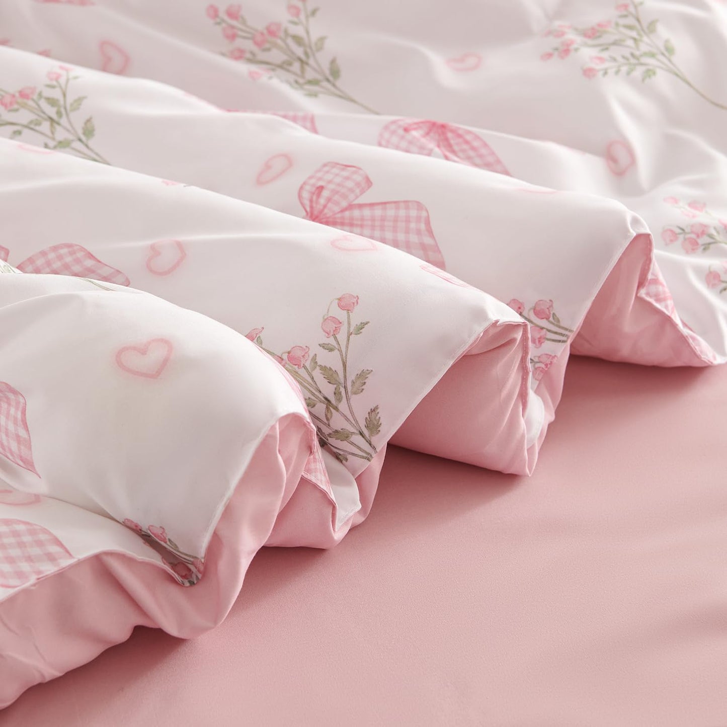 Nayoroom Pink Bow Comforter Set Full Size Coquette Pink Floral Comforter 3 Pieces Soft Lightweight Kids Girls Cute Aesthetic Dorm Bedding Set for All Seasons