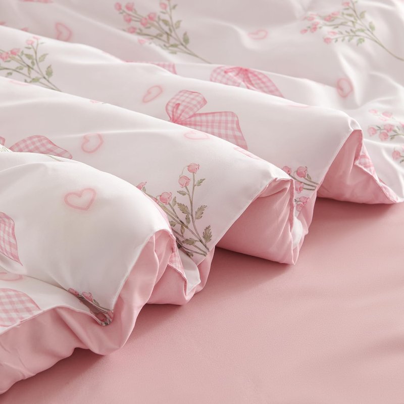Nayoroom Pink Bow Comforter Set Full Size Coquette Pink Floral Comforter 3 Pieces Soft Lightweight Kids Girls Cute Aesthetic Dorm Bedding Set for All Seasons