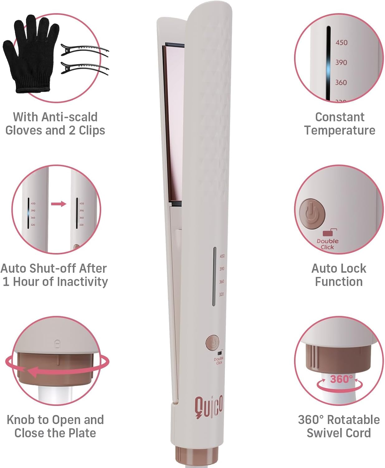 Hair Straightener | Fast Heating Ceramic Flat Iron for Women - 320℉-450℉, Auto-Off, Pink