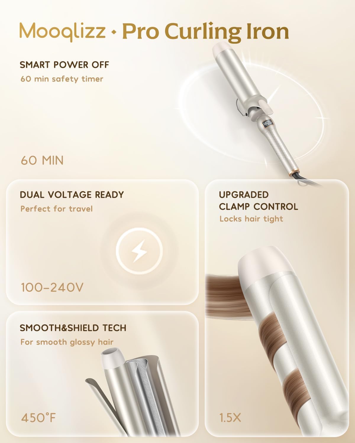 Professional 2-Inch Curling Iron - Large Barrel Wand for Long Hair, MCH Heating, 12 Temp Settings, Dual Voltage | Gold