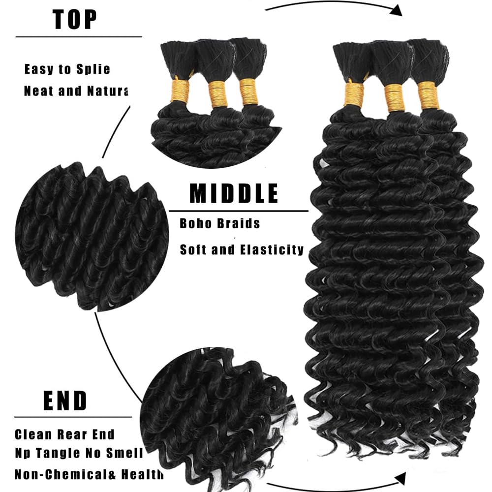 #1B Human Braiding Hair For Boho Braids #1B Boho Human Braiding Hair Natural Black Bulk Deep Wave No Weft Braids 150g 22 22 22 Inch