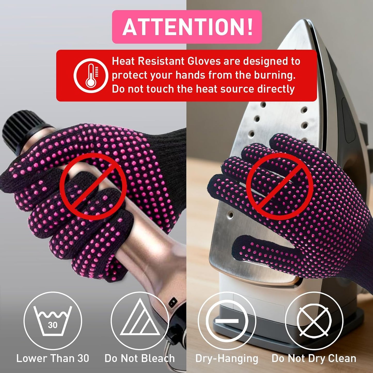 Heat Resistant Gloves - Silicone Bumps for Hair Styling | 4-Piece Set for Curling & Flat Iron Use