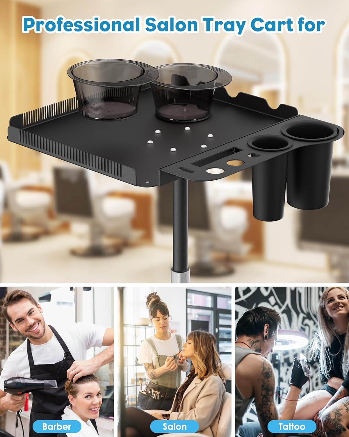 Rolling Salon Tray with Magnetic Bowls - Multi-Function Metal Cart for Tattoo & Hairstylist | Adjustable Height, Easy Mobility