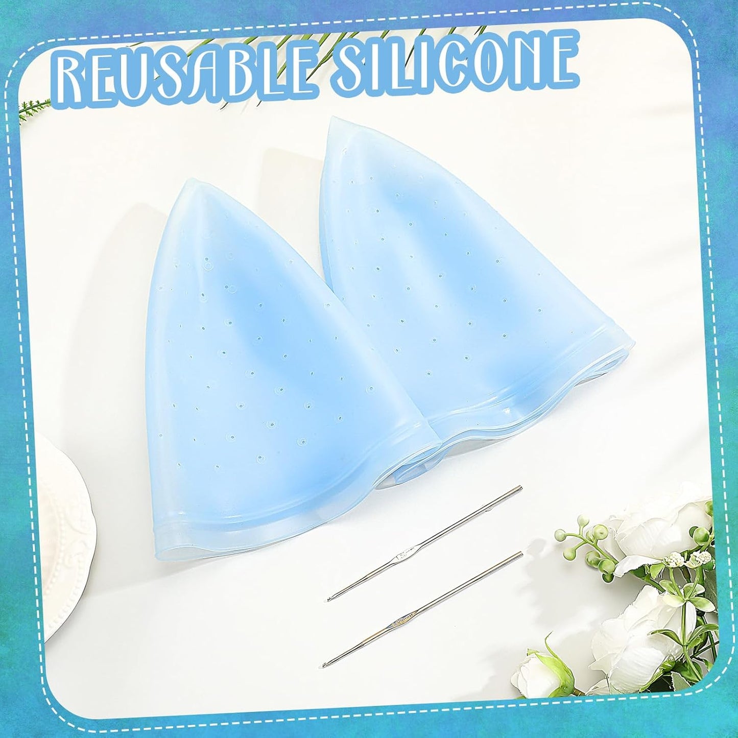 Jexine Hair Coloring Highlighting Cap - Reusable Silicone with Holes & Hook | 2 Pcs Set (Blue)