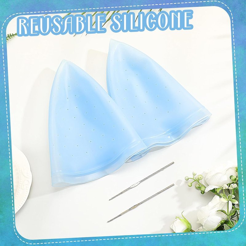 Jexine Hair Coloring Highlighting Cap - Reusable Silicone with Holes & Hook | 2 Pcs Set (Blue)