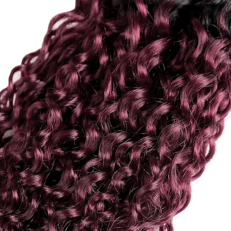 YOUNGHANN 1B/99J Kinky Curly Human Hair Bundles - 10, 12, 14 Inch Two Tone Black to Burgundy