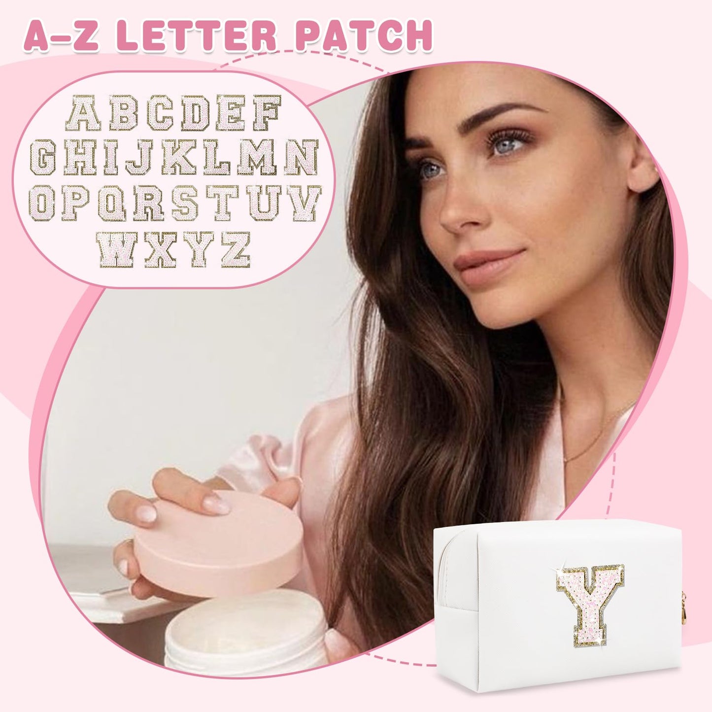 Small Initial Patch Makeup Bag Personalized Gifts Make Up Bag,White Cute PU Leather Glitter Letter Cosmetic Bag with Zipper,Trendy Portable Travel Toiletry Pouch,Preppy Stuff for Teen Girls Women Y