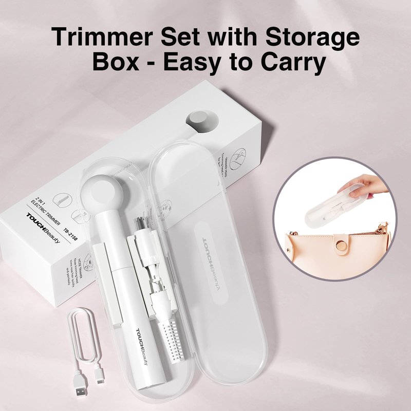 TOUCHBeauty Nose and Ear Hair Trimmer for Women Men, 2-in-1 USB-C Rechargeable Eyebrow Trimmer & Facial Hair Removal, Waterproof Dual-Edge Nasal Hair Clipper with Storage Case(White)