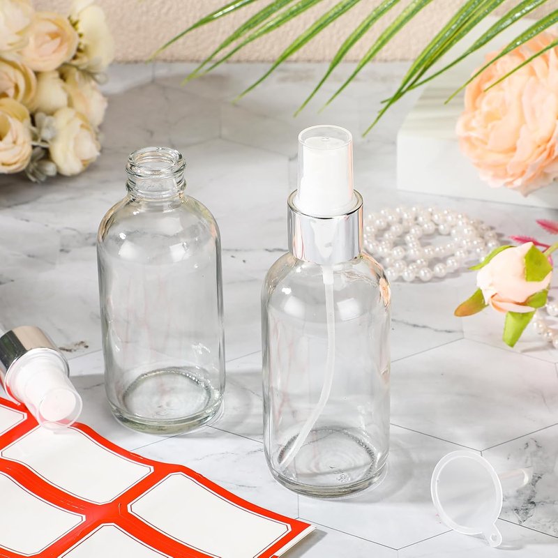 Fumete Glass Bottles 4oz - Refillable Liquid Containers for Essential Oils | Includes Label & Funnel, Clear with Silver Top