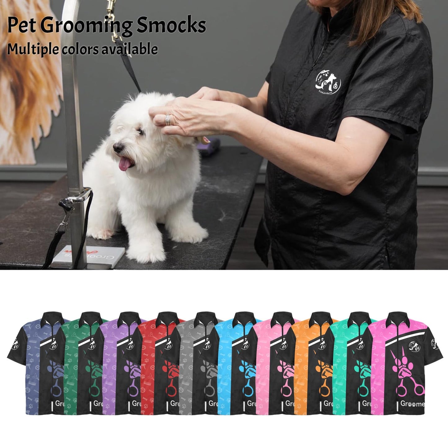 Cowcute Custom Pet Grooming Smocks for Groomer, Personalized Logo Dog Grooming Jackets Work Shirt Uniform Waterproof Workwear