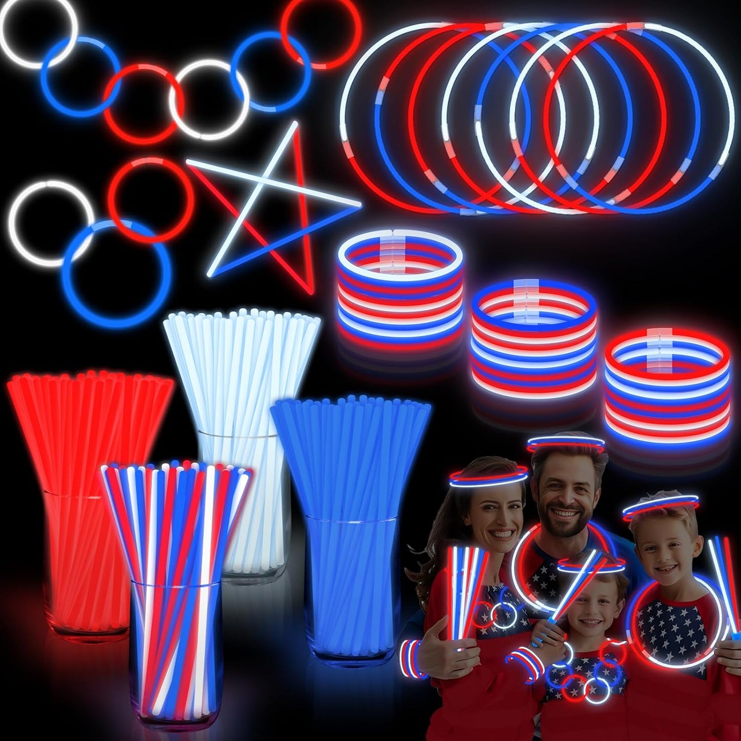Red White Blue Glow Sticks - 100 PCS Bulk with Connectors | Fourth of July Light-Up Necklaces & Bracelets for Kids & Adults