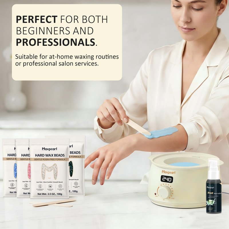 Maxpearl Rosin-Free Waxing Kit for Women Men - Sensitive Skin Friendly, Digital Wax Warmer with Silicone Pot, At Home Hair Removal Kit for Eyebrows, Brazilian, Underarms, Bikini & Full Body