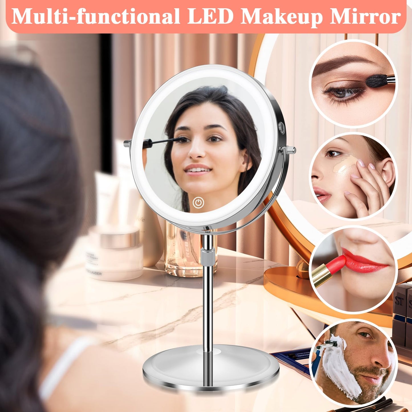 KuMers Lighted Makeup Mirror with Magnification, 10X 8’’Rechargeable Double Sided Vanity Mirror with Lights Magnifying Makeup Mirror with 3 Color Light with 360° Rotation, Detachable Base