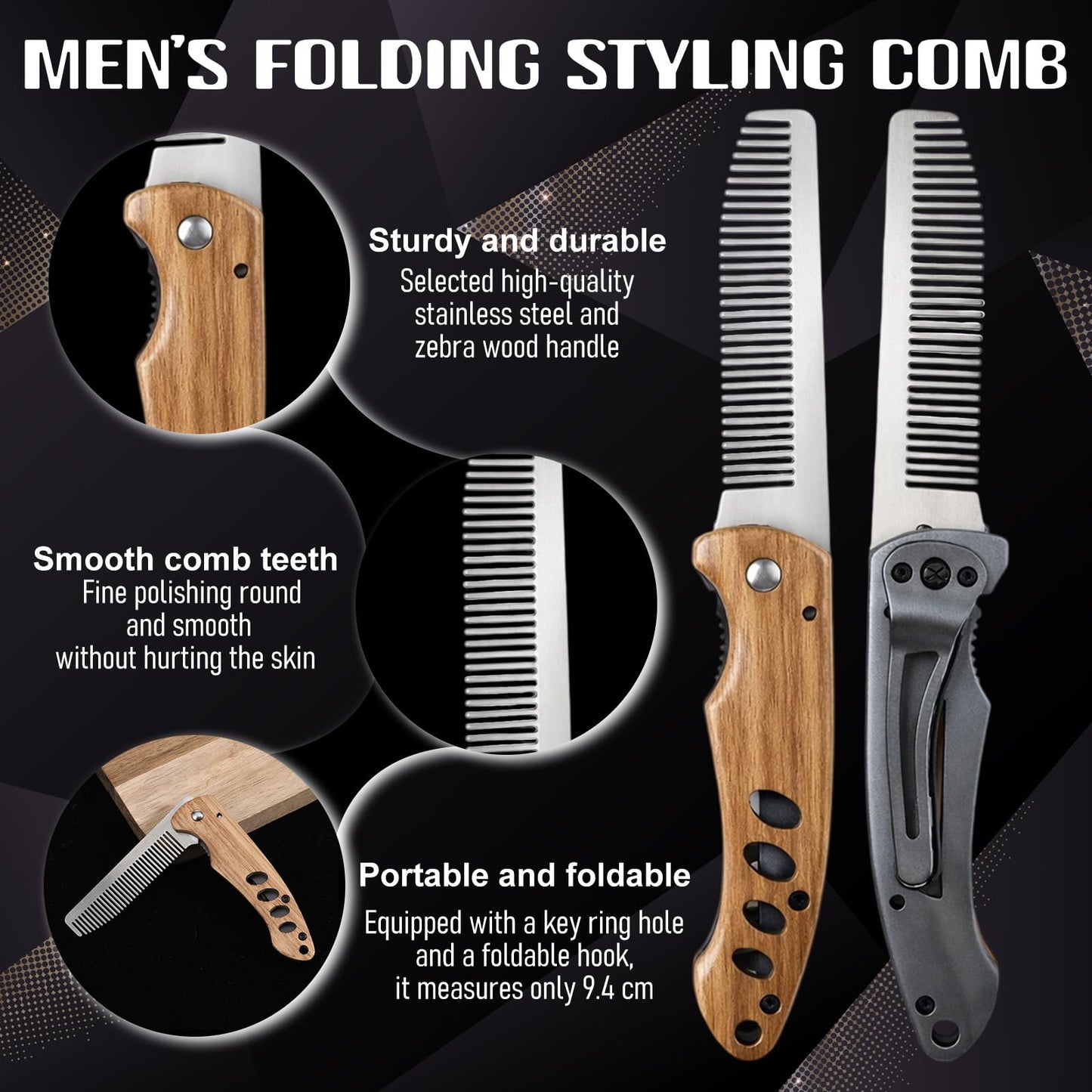 Qianyu Stainless Steel Folding Comb Small Folding Pocket Beard Metal Grooming Tool with Wooden Handle Portable Multifunction Hair Comb Mustache Combs Fits In Keychain for Men Outdoor Travel Home Use