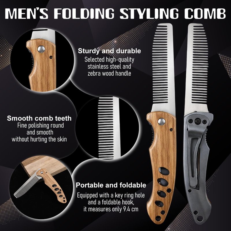 Qianyu Stainless Steel Folding Comb Small Folding Pocket Beard Metal Grooming Tool with Wooden Handle Portable Multifunction Hair Comb Mustache Combs Fits In Keychain for Men Outdoor Travel Home Use