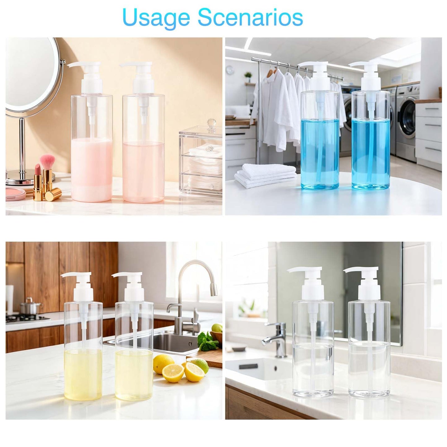 Plastic Pump Bottle Dispenser, BPA-Free Clear Refillable Empty Containers,2 Pack Cylindrical Hand Pump Bottles Dispenser for Shampoo, Lotion, Body Wash, Conditioner, Creams and Toiletries