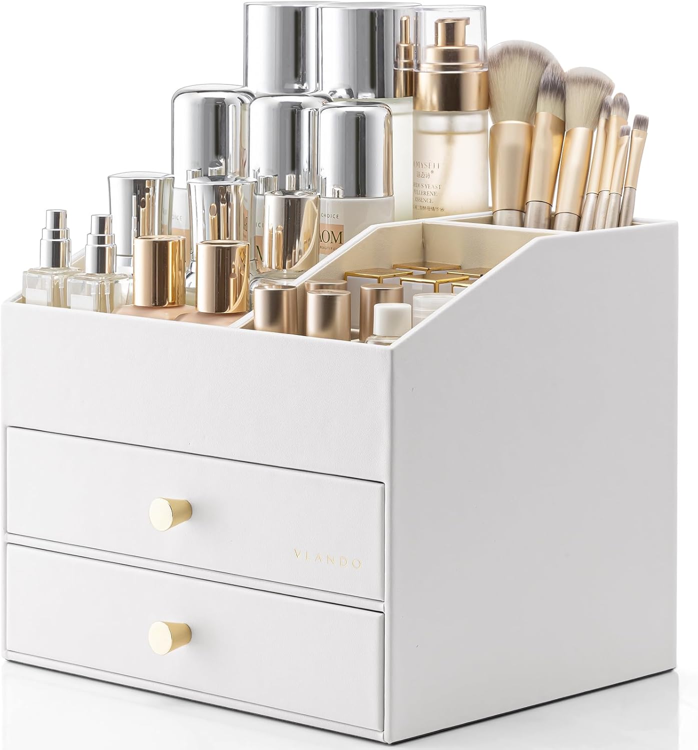 VLANDO Makeup Organizer - PU Leather Vanity Storage with Drawers | Beige Cosmetic & Skin Care Organizer for Women