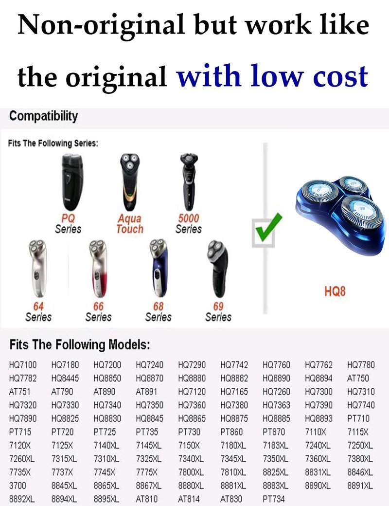 HQ8 Replacement Heads Compatible with Philips Norelco Shavers, HQ8 Heads Upgraded, 6-Pack