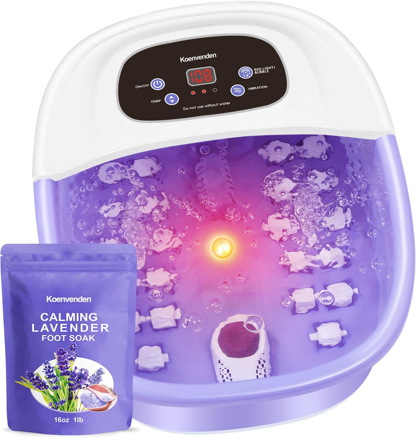 Foot Spa Massager with Heat & Bubbles | 22 Rollers, Adjustable Temp, Lavender Epsom Salt - Purple