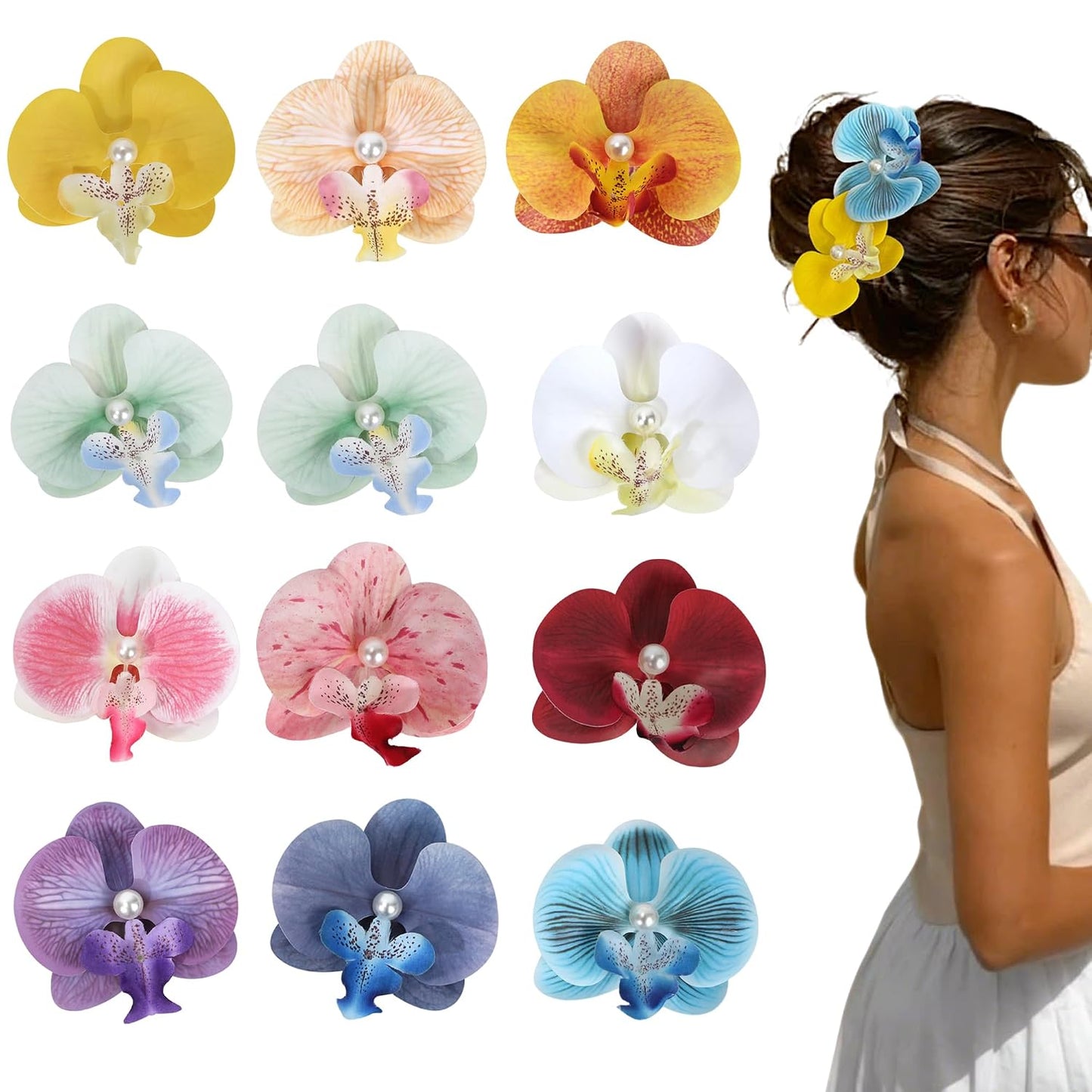 Flower Hair Clips - 6-Pack Hawaiian Tropical Silk Floral Hairpins for Women | Beach Wedding Accessories (Orange, Blue, Yellow)