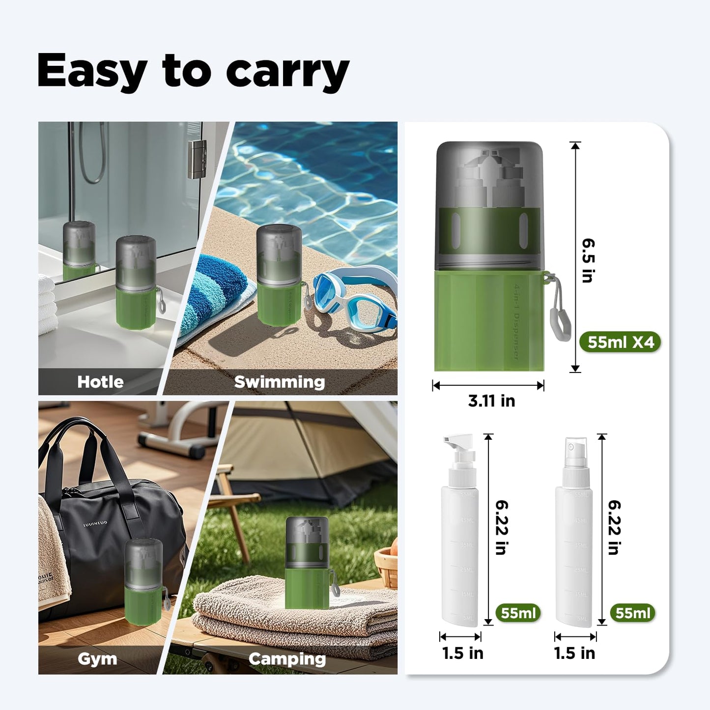 VOGOGE Travel Bottles for Toiletries, TSA Approved Travel Shampoo and conditioner Bottles with Suction Cups, Green