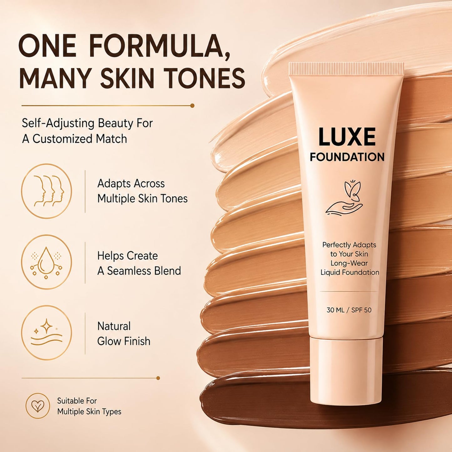 Luxe Foundation for Women, Color Changing Foundation, Hyaluronic Acid & Vitamin E, Creates Flawless Skin, Deep Hydration & Refines Pores for Natural Glow 30 ML