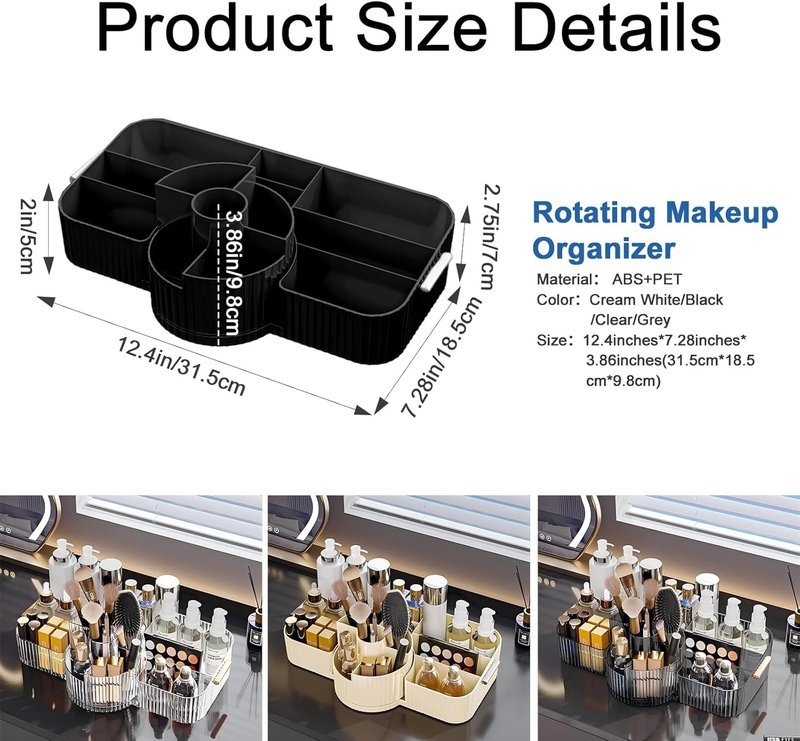 Large Makeup Brush Holder - Rotating Vintage Striped Cosmetic Organizer for Bathroom & Vanity | Black