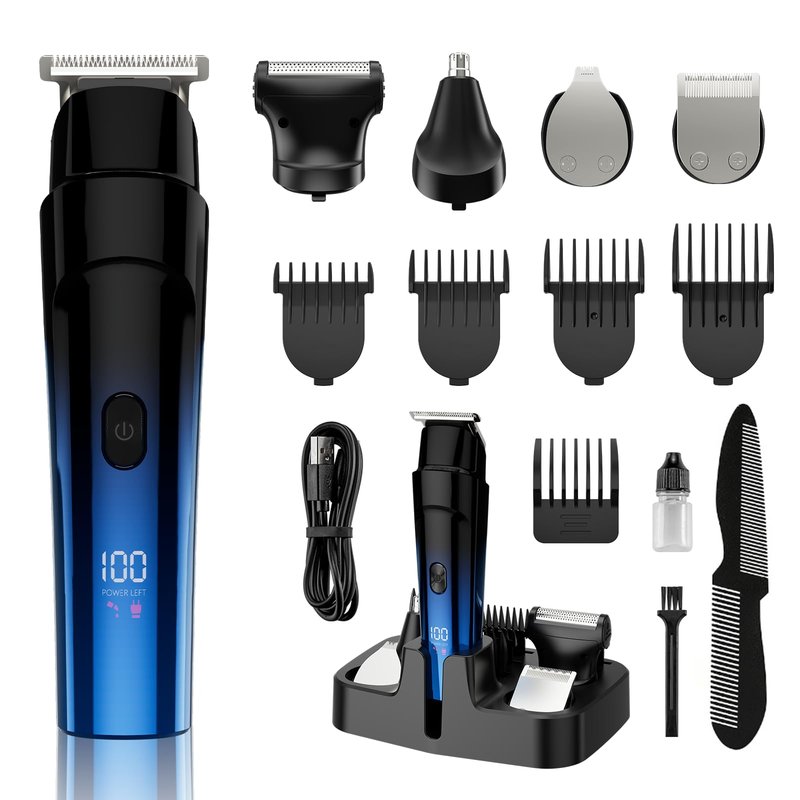 RUIBO Beard Trimmer for Men, 5-in-1 Cordless Hair Clipper Kit with Foil Razor, Waterproof Body, Nose & Ear Groomer, Precision Trimming for Beard, Hair & Body Care (Blue)