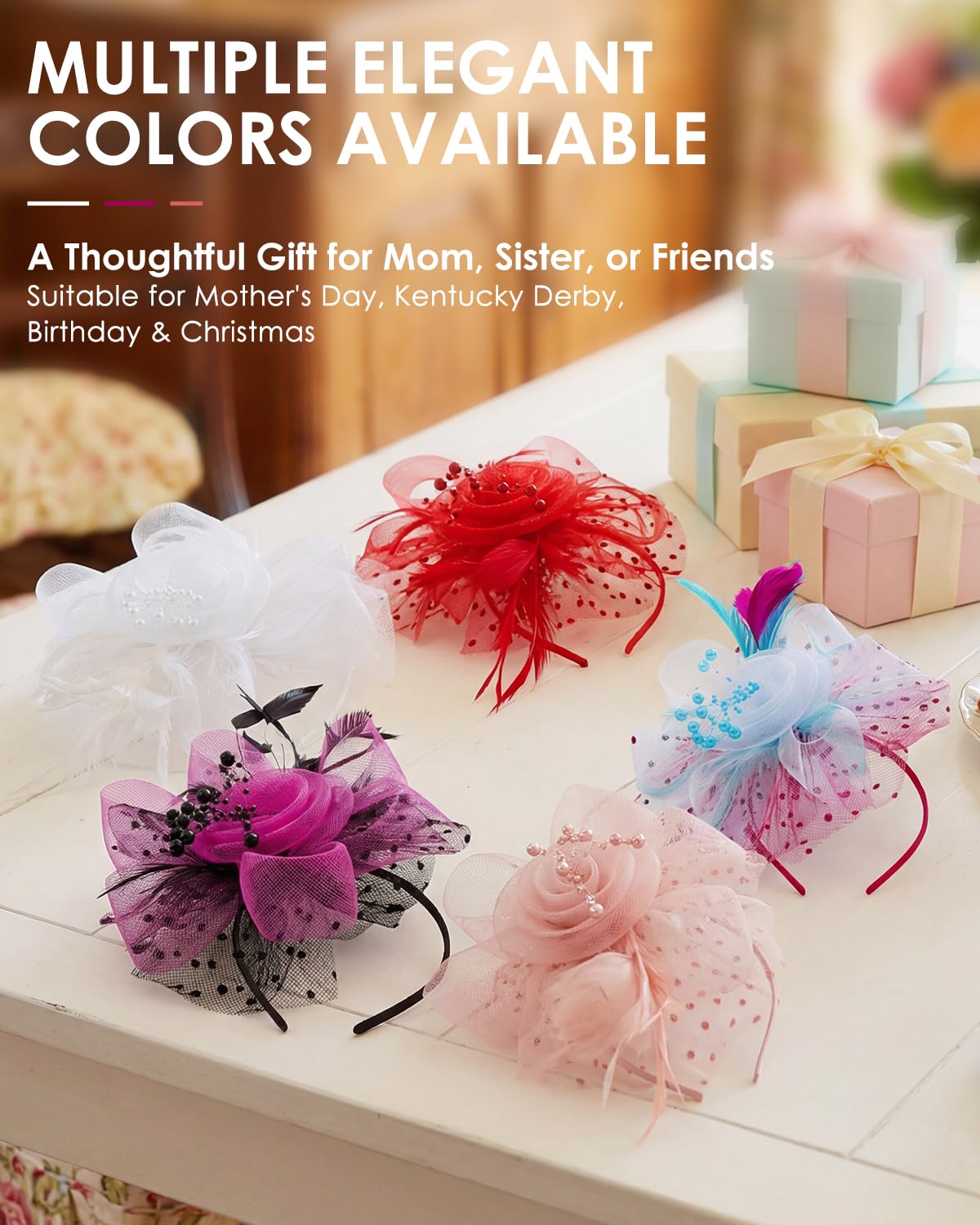 Century Star White Fascinator Kentucky-Derby 2026 Elegant Feather Headband for Women-Tea Party Wedding Hair Clip with Mesh
