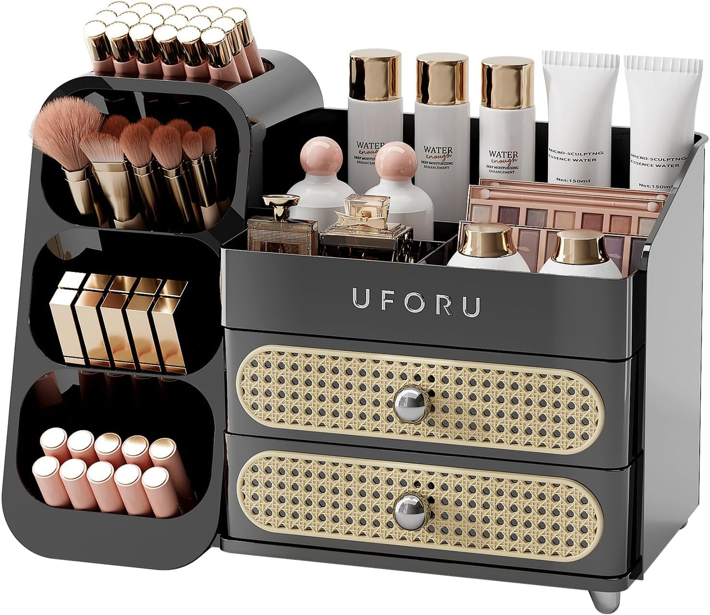 Makeup Organizer for Vanity - Large Capacity Skincare & Cosmetic Display Case with 2 Drawers | Brush Holder & Perfume Storage