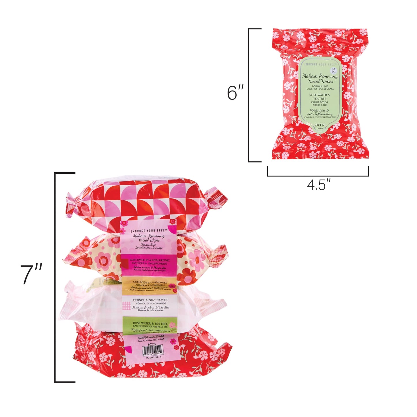 120pc Makeup Removal Wipes Variety Set | 4-Pack Active Botanicals Makeup Remover Facial Cleansing Towelettes with Hyaluronic Acid, Collagen, Retinol, & Rose Water