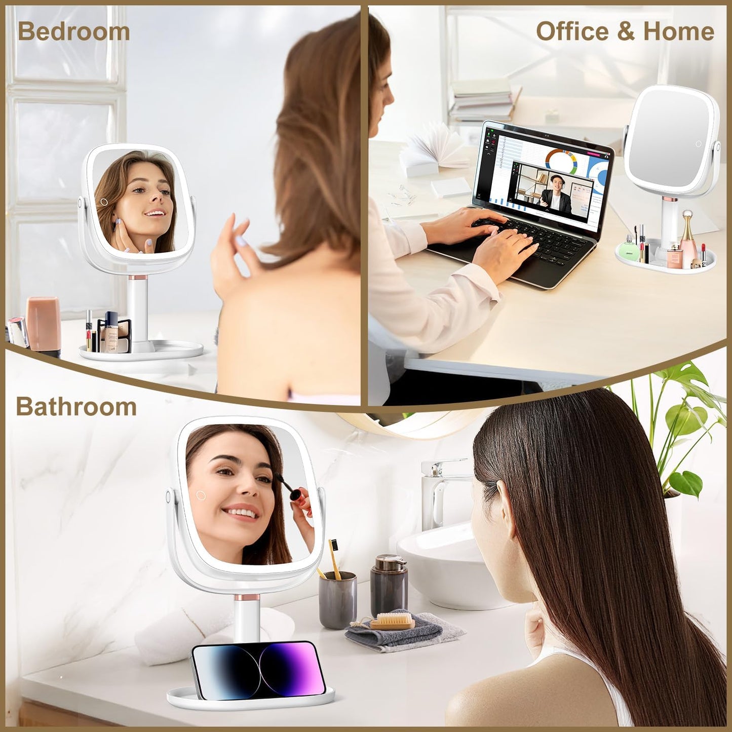 Mocado Makeup Mirror with Lights - 1X/20X Magnifying Vanity Mirror | Height Adjustable, 3 Color Options, 360° Rotation, Memory Function (White)