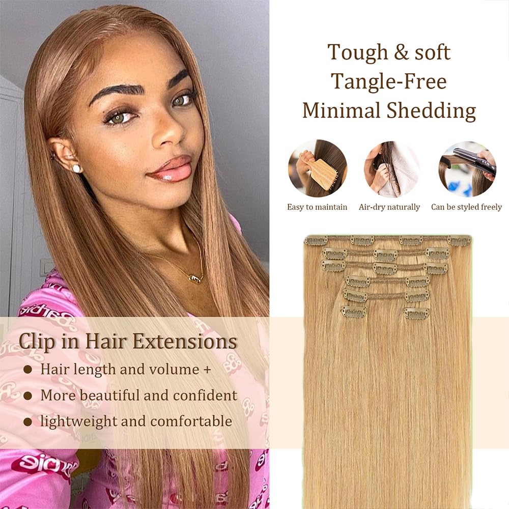 Clip in Hair Extensions Real Human Hair #27 Blonde, 20 Inch 120g/7Pcs,Full Shine Remy Human Hair,Honey Blonde Straight Clip ins Brazilian Virgin Human Hair Extensions