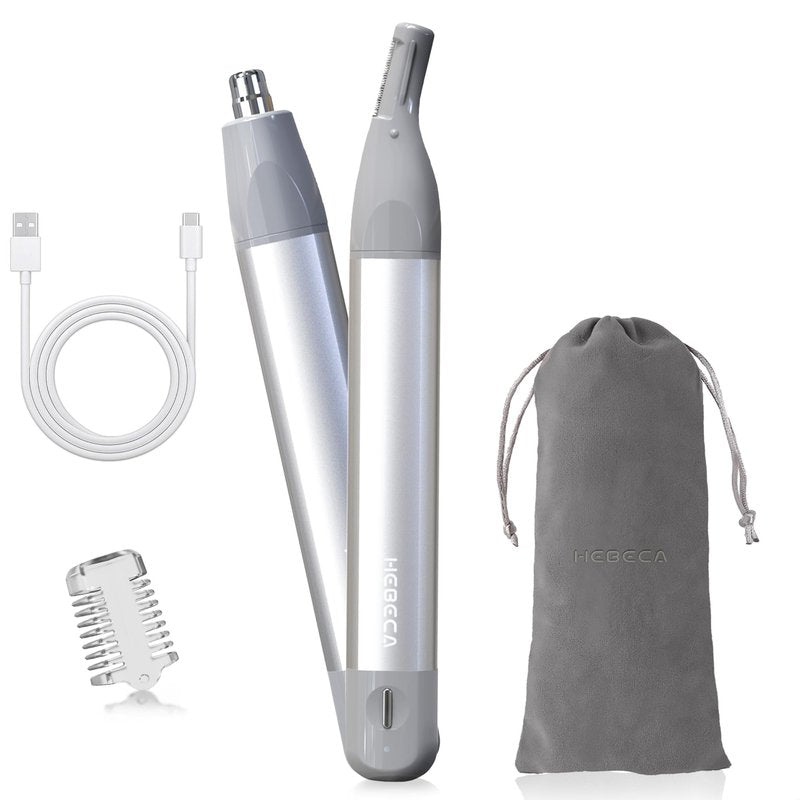 HEBECA Nose Hair Trimmer for Men & Women - 2in1 Rechargeable Ear and Nasal Hair Trimmer, Waterproof Nose Clipper, Electric Eyebrow Trimmer & Facial Hair Remover Grooming Set (Silver Grey)