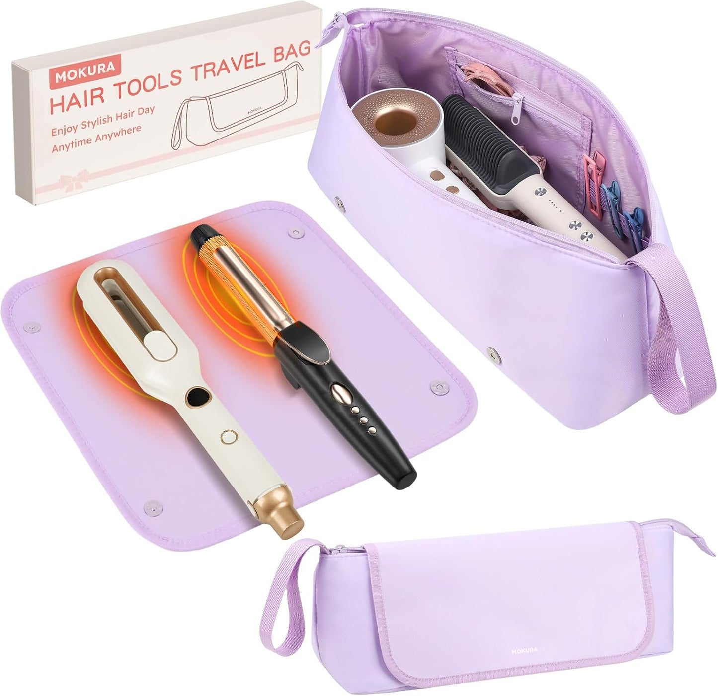MOKURA Travel Hair Tools Organizer Bag - Heat Resistant Mat, Removable Storage Pouch for Curling Iron & Straightener | Black