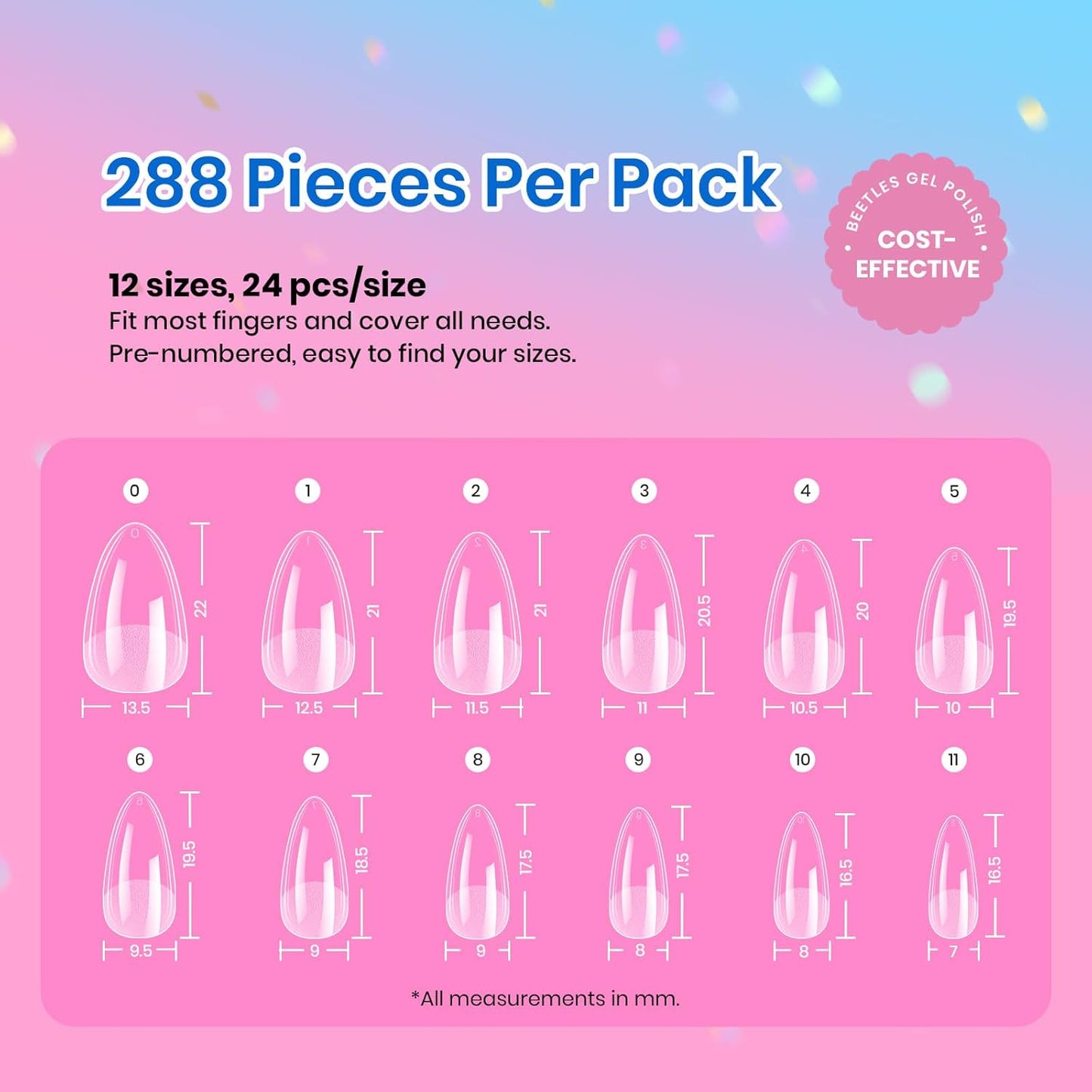 Soft Gel Nail Tips - Short Almond 288pcs | Pre-Etched Acrylic Full Cover for Easy DIY Nail Extensions