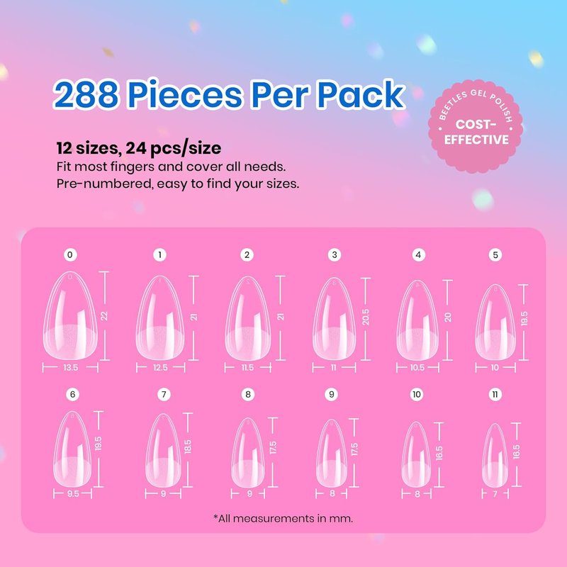 Soft Gel Nail Tips - Short Almond 288pcs | Pre-Etched Acrylic Full Cover for Easy DIY Nail Extensions