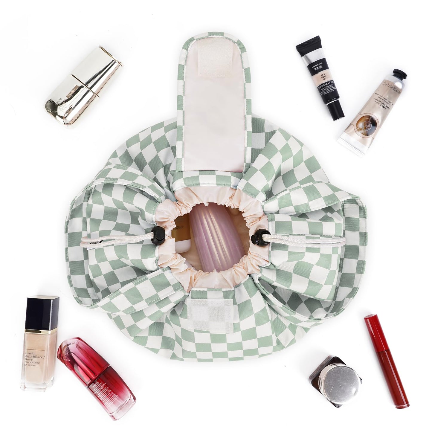 Narwey Lay Flat Open Drawstring Makeup Bag, Large Cosmetic Bag for Women Girls, Cute Make up Bags, Portable Travel Toiletry Bag for Skincare, Brushes & Travel Essentials (Green Checkerboard)