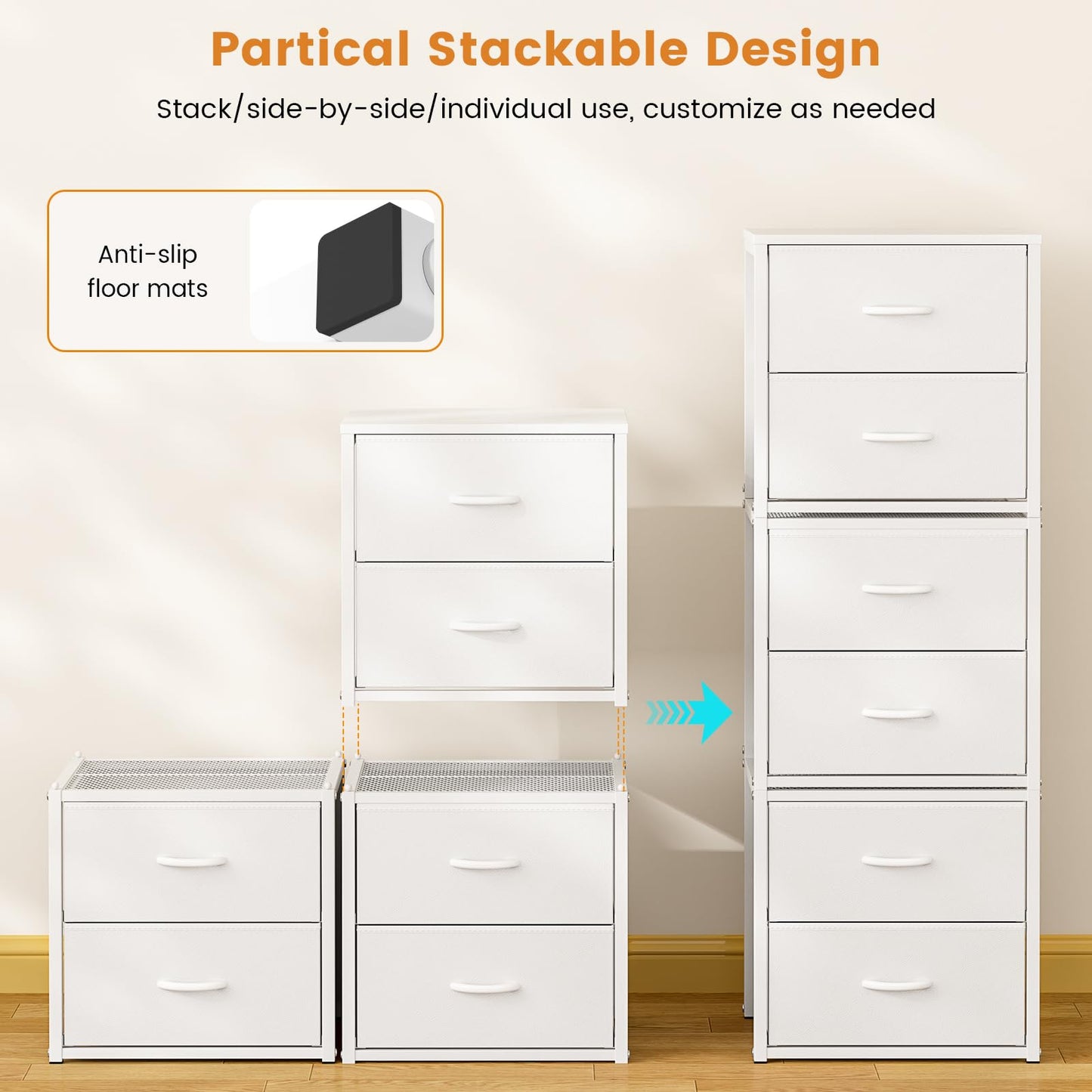DAOUTIME 3-Pack Stackable Storage Drawers (6 Drawers Total), White Closet Organizer for Clothes, Stackable Drawer Dresser for Closet, Stackable Drawers for Bedroom, Living Room, Pantry, Under Bed