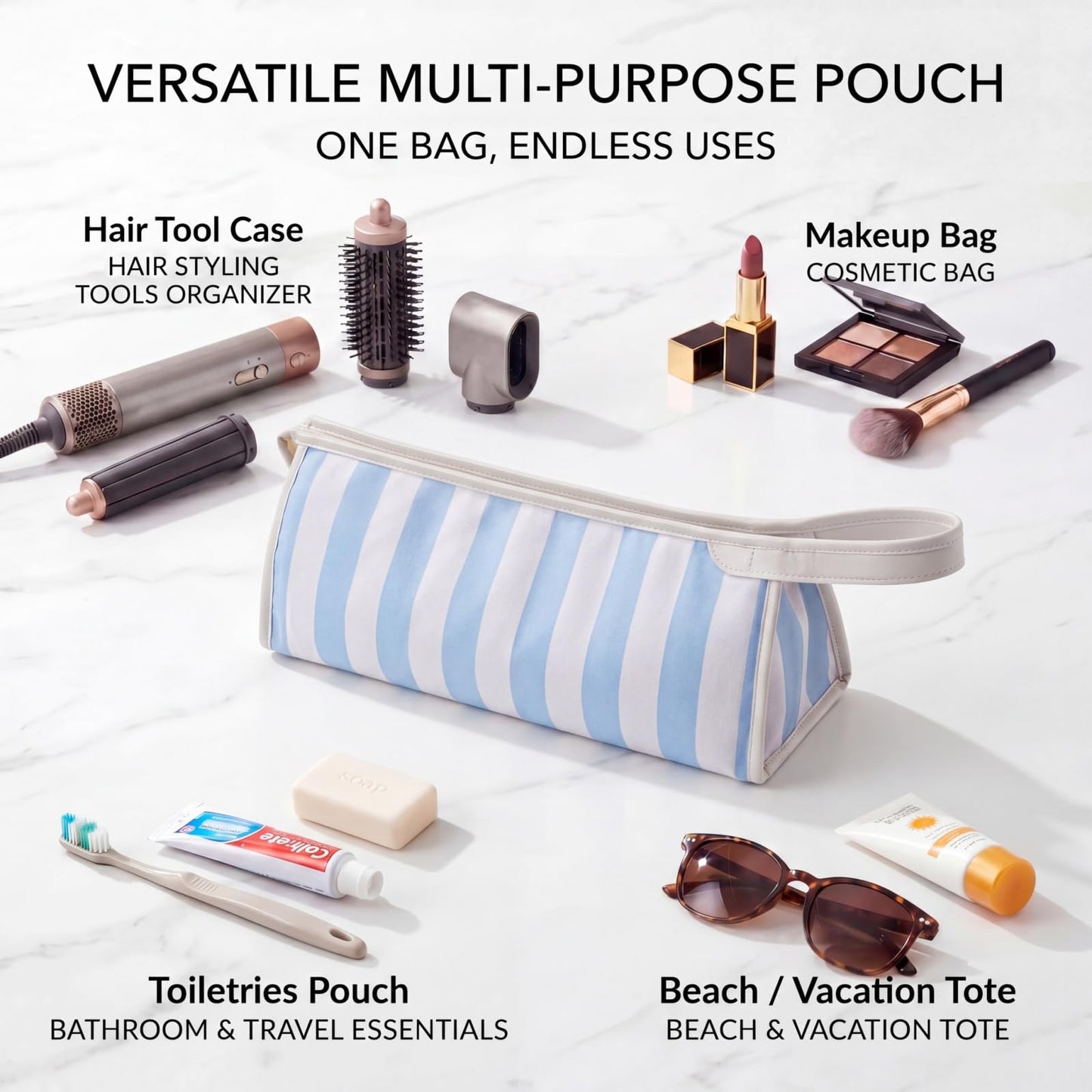 RSRSLEII Striped Hair Tools Travel Bag,Waterproof Hair Styling Accessories Storage Case for Hair Dryer,Flat Irons,Straightener,Curling Iron,Hot Hair Tool Organizer with Dividers(06Blue)