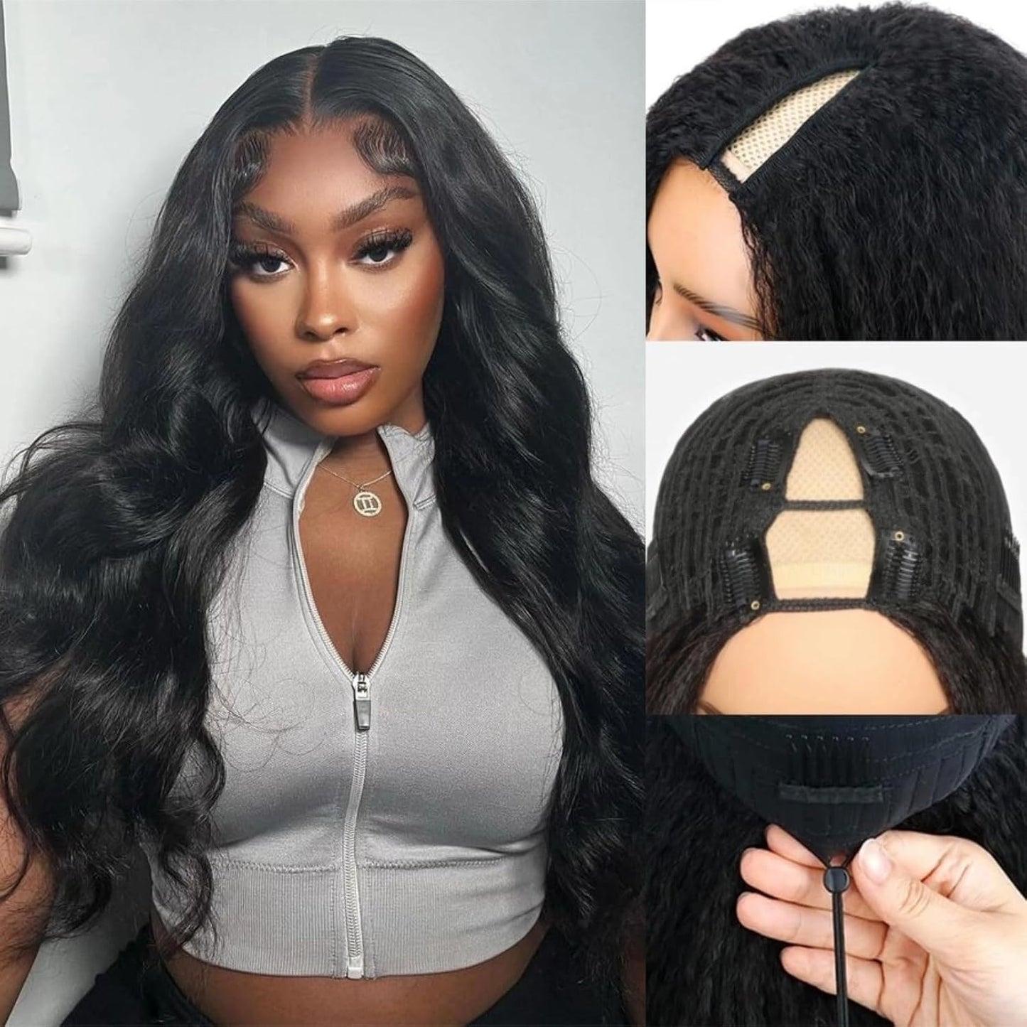 V Part Human Hair Wig - 250 Density 22 Inch Kinky Straight | Glueless, No Sew, Clip-In Design