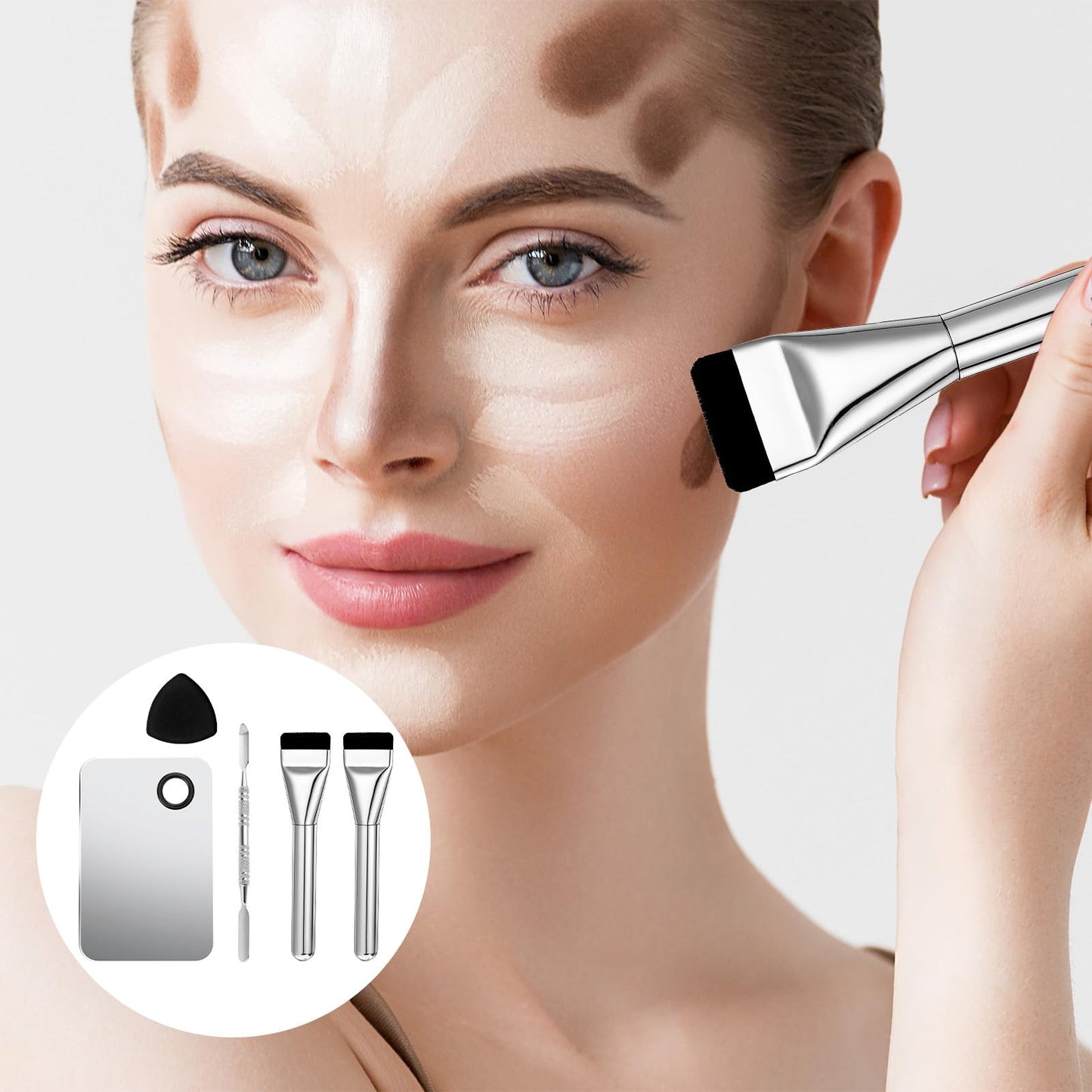 DOPENSPI Makeup Mixing Palette with 2PCS Flat Foundation Brush and Spatula and Powder Puff, Stainless Steel Makeup Palette Tray Cosmetic Palettes with Spatula Tool for Liquid Powder Cream