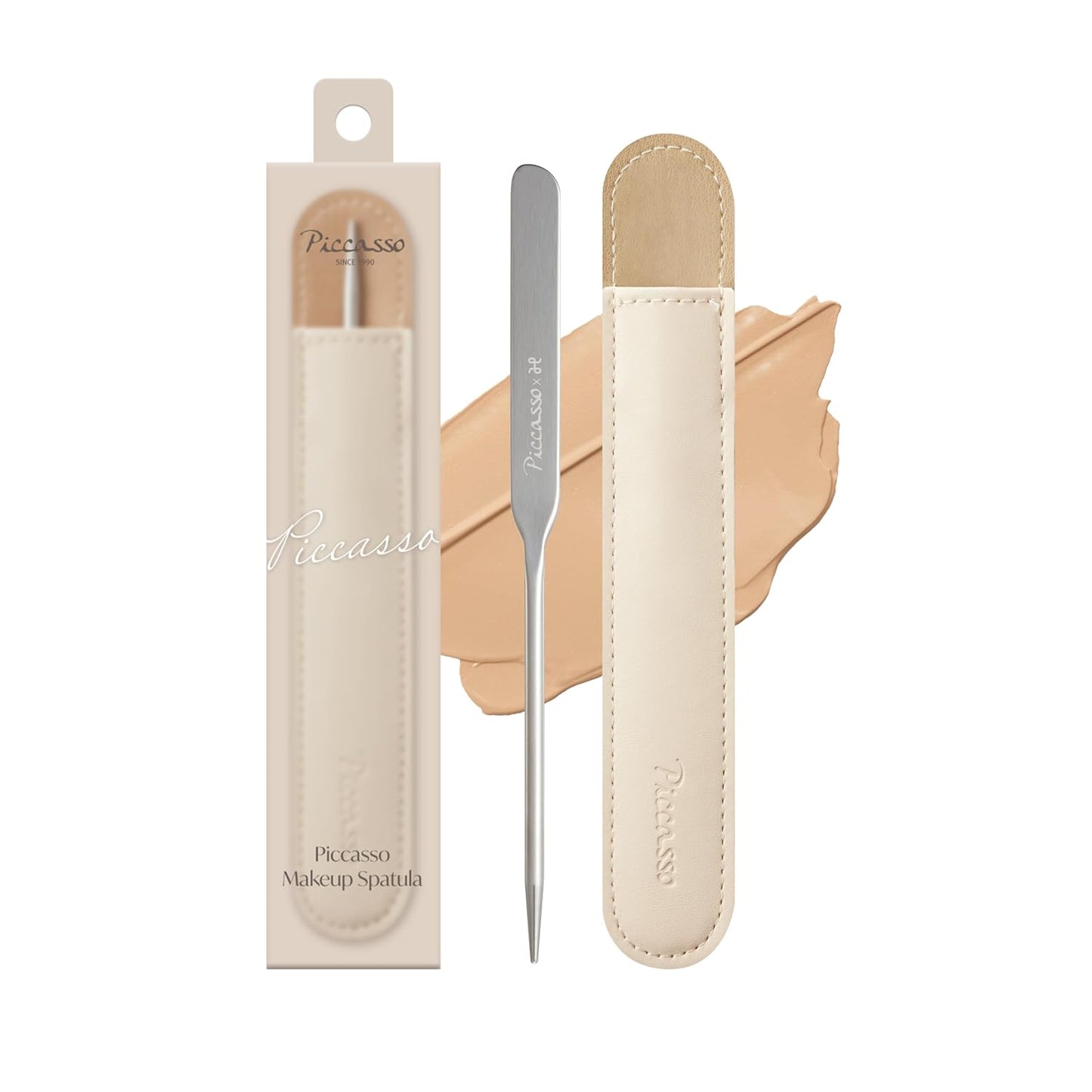 Curved Makeup Spatula - Stainless Steel Foundation Tool for Smooth, Even Application | Includes Synthetic Leather Case